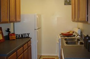Richmond apartment for rent - a kitchen with a white refrigerator and a sink