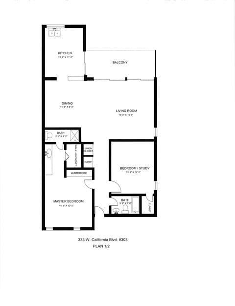 Floor plan for 2 beds, 2 baths, 1200 sqft