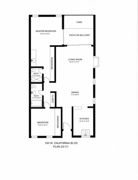 Floor plan for 2 beds, 2 baths, 1245 sqft