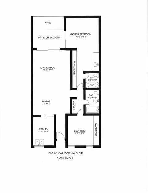 Floor plan for 2 beds, 2 baths, 1245 sqft