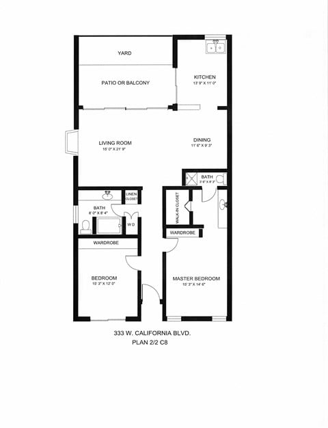 Floor plan for 2 beds, 2 baths, 1300 sqft