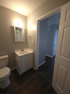 Hattiesburg apartment for rent - A bathroom with a toilet, sink, and mirror.