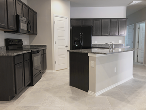 Georgetown triplex for rent - A kitchen with black cabinets and a black refrigerator.