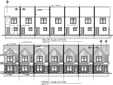 Manchester apartment for rent - A black and white architectural drawing shows the rear and front elevations of a building.
