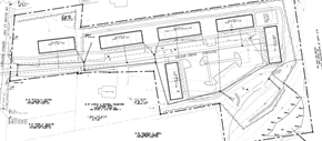 Manchester apartment for rent - A black and white architectural plan shows a building with a parking lot in front.