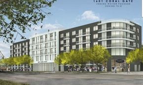 Miami apartment for rent - A rendering of a modern building with the text "1601 Coral Gate Zoning Waiver Package".