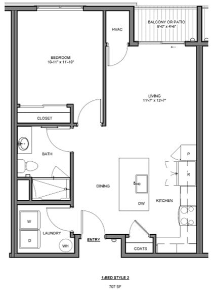 Floor plan for 1 bed, 1 bath, 707 sqft