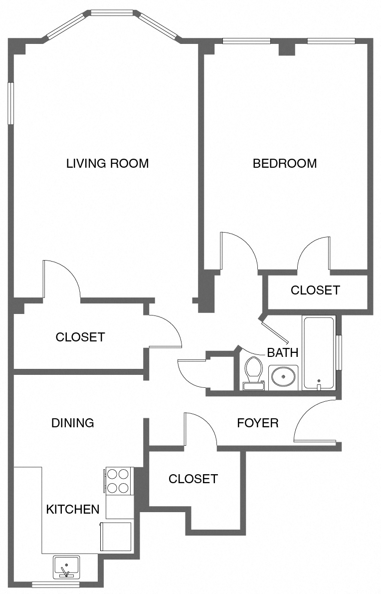 Floor plan for 1 bed, 1 bath