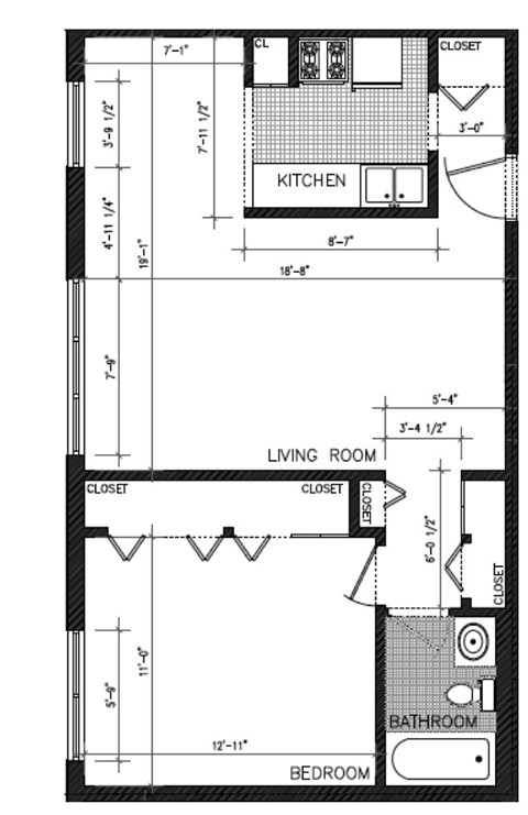 Floor plan for 1 bed, 1 bath, 663 sqft