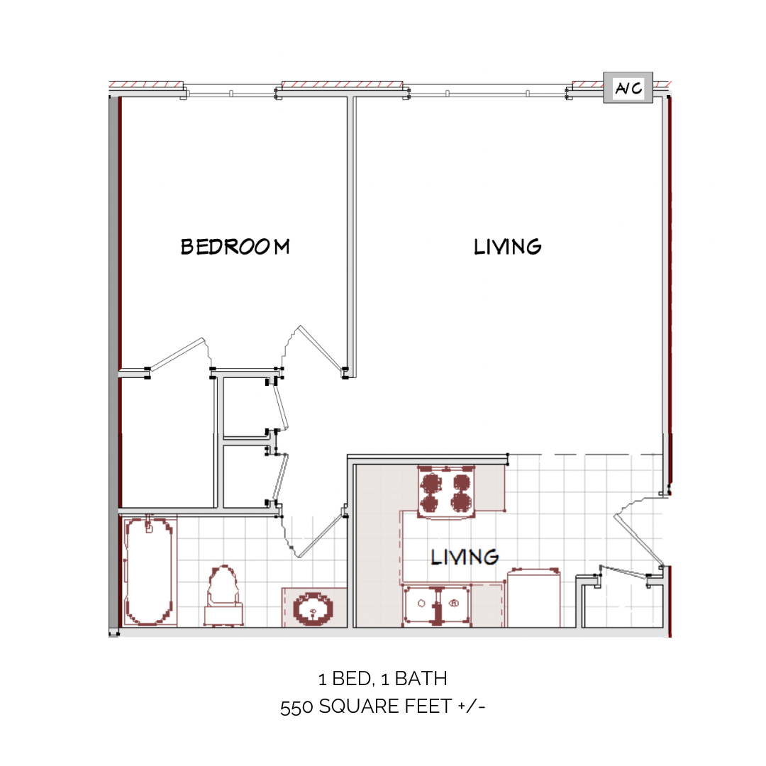 Floor plan for 1 bed, 1 bath, 576 sqft