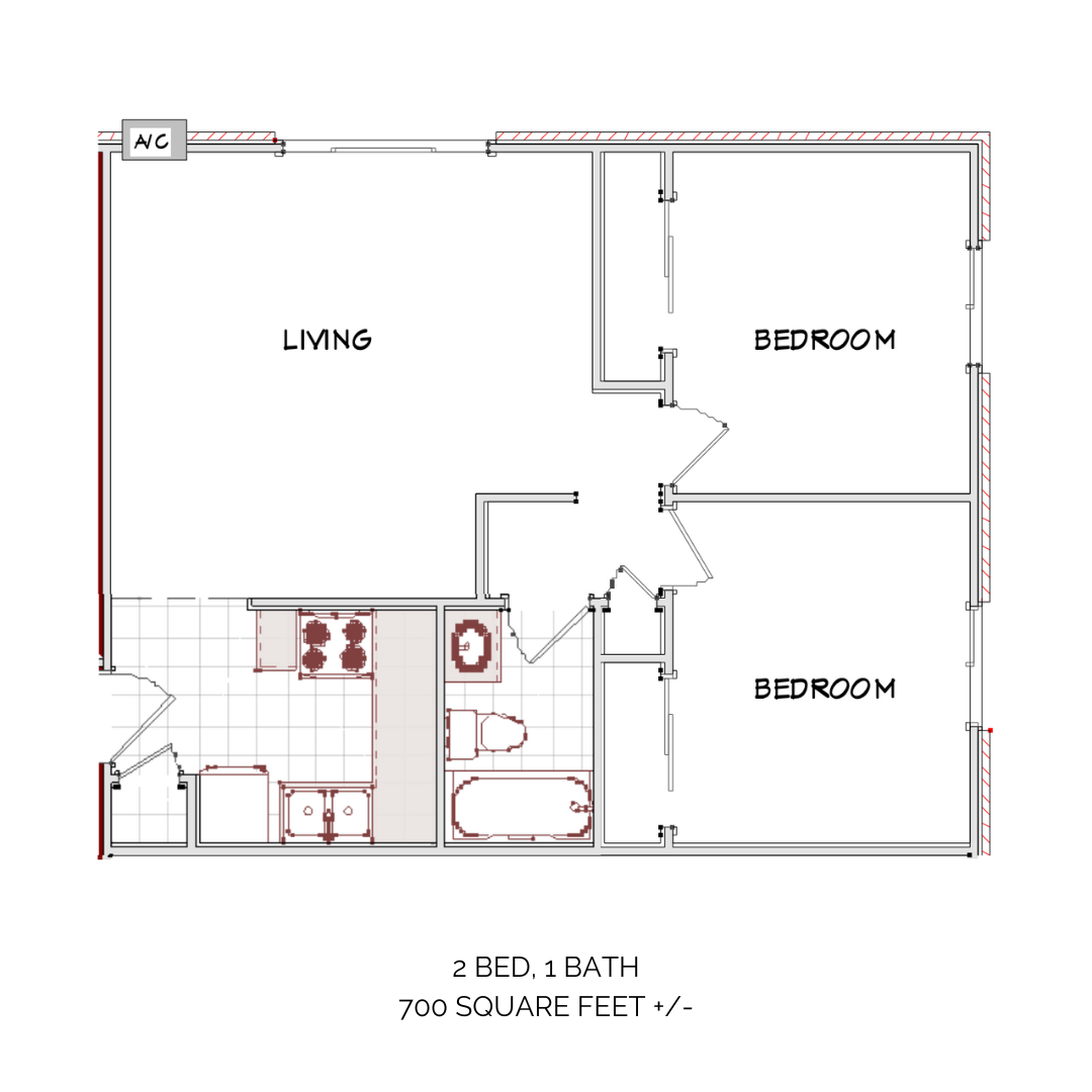 Floor plan for 2 beds, 1 bath, 720 sqft