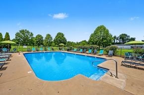 Murfreesboro apartment for rent - A large blue swimming pool surrounded by trees and lounge chairs.