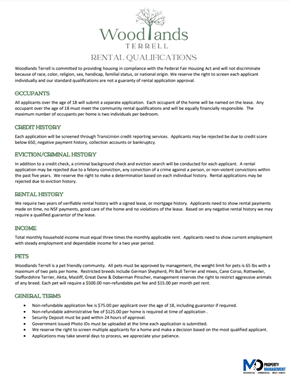 Terrell apartment for rent - A document from Woodlands Terrell Rental Qualifications outlining various rental qualifications.