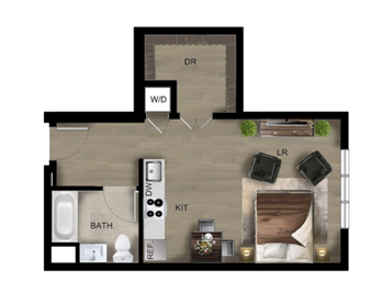 Floor plan for studio, 1 bath, 500 sqft