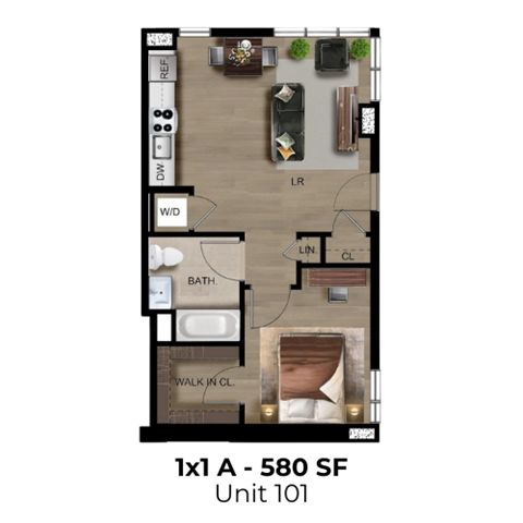 Floor plan for 1 bed, 1 bath, 580 sqft