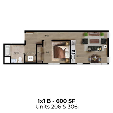 Floor plan for 1 bed, 1 bath, 600 sqft