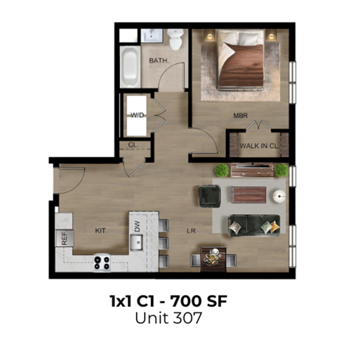 Floor plan for 1 bed, 1 bath, 700 sqft