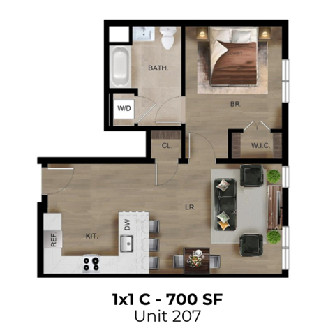 Floor plan for 1 bed, 1 bath, 700 sqft
