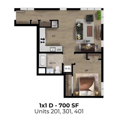 Floor plan for 1 bed, 1 bath, 700 sqft