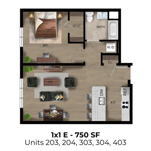 Floor plan for 1 bed, 1 bath, 750 sqft