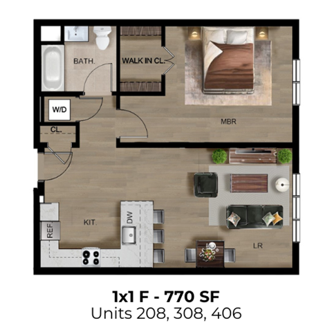 Floor plan for 1 bed, 1 bath, 770 sqft