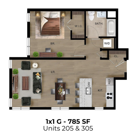 Floor plan for 1 bed, 1 bath, 785 sqft