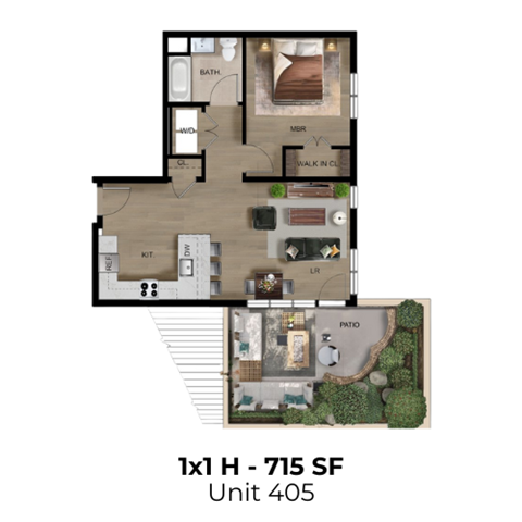 Floor plan for 1 bed, 1 bath, 715 sqft
