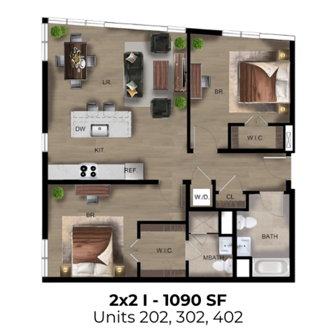 Floor plan for 2 beds, 2 baths, 1090 sqft