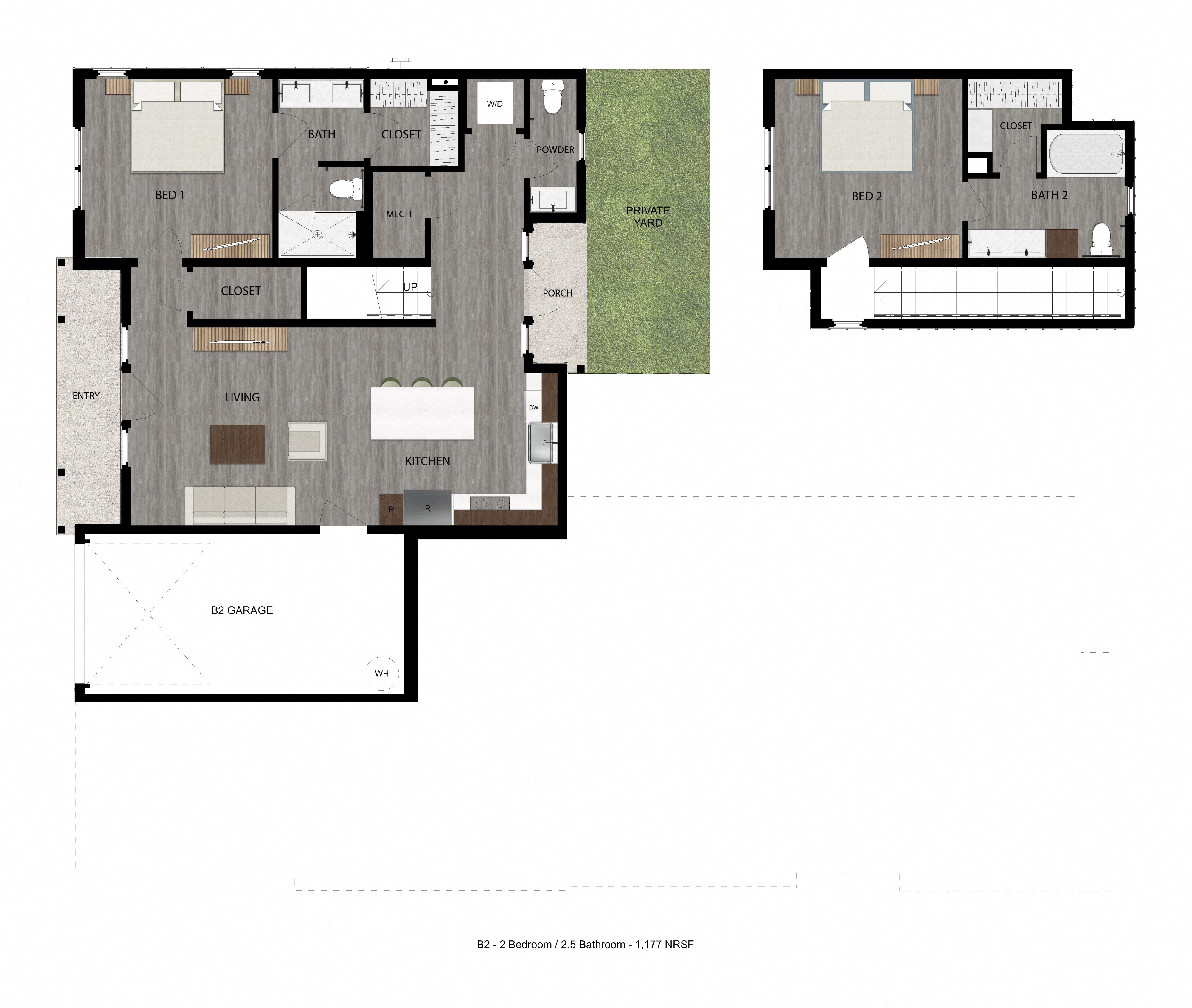 Floor plan for 2 beds, 2.5 baths, 1177 sqft