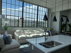 Hartford apartment for rent - A modern kitchen with a large window overlooking the city.