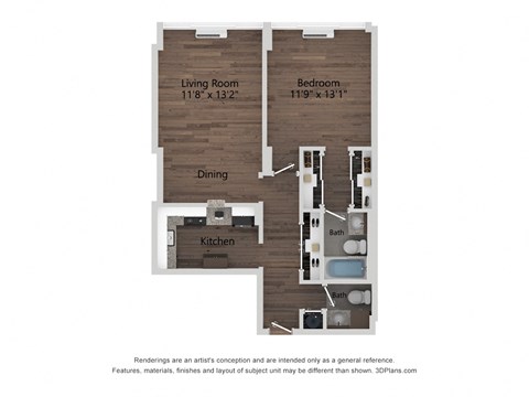 Floor plan for 1 bed, 1.5 baths, 718 sqft