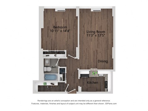 Floor plan for 1 bed, 1 bath, 660 sqft