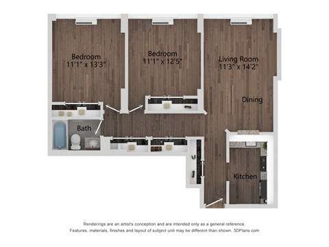 Floor plan for 2 beds, 1 bath, 863 sqft