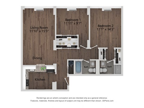 Floor plan for 2 beds, 2 baths, 915 sqft