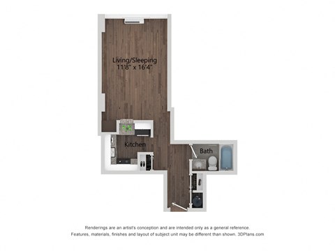Floor plan for studio, 1 bath, 300 sqft