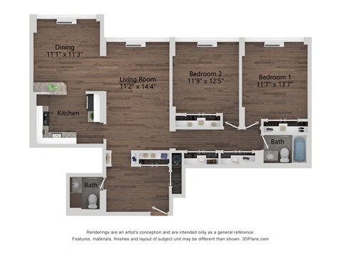 Floor plan for 2 beds, 1.5 baths, 1200 sqft