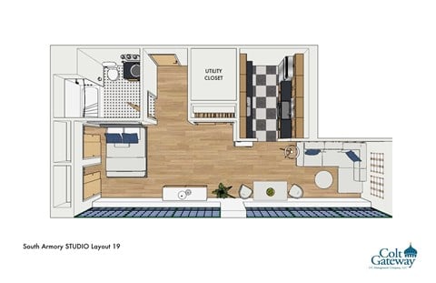 Floor plan for 1 bed, 1 bath, 1077 sqft