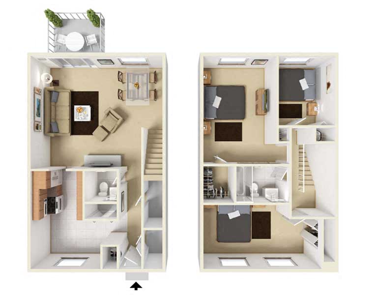 Floor plan for 3 beds, 2 baths