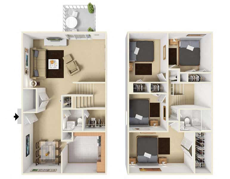 Floor plan for 4 beds, 2 baths