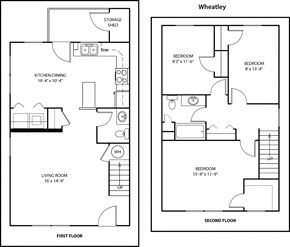 Winchester townhouse for rent - A floor plan of a Wheatley with two bedrooms, a living room, a kitchen, a storage shed, and a staircase.