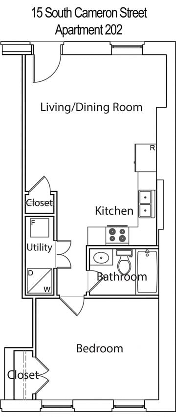 Winchester apartment for rent - a floor plan of a small house with a kitchen and a living room