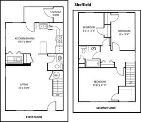 Winchester townhouse for rent - A black and white image of a floor plan for a Sheffield apartment.