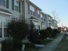 Winchester townhouse for rent - A long row of houses with green bushes in front.
