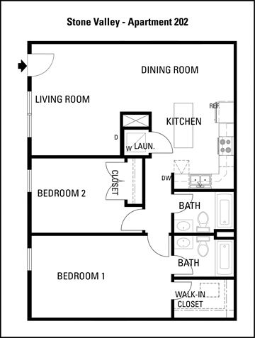 Winchester apartment for rent - A floor plan of the Stone Valley apartment, showing the layout of the living and dining room, kitchen, and two bedrooms.