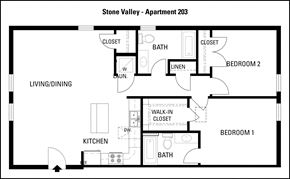 Winchester apartment for rent - A floor plan of apartment 203 at Stone Valley shows two bedrooms, a living/dining area, a kitchen, and a bathroom.