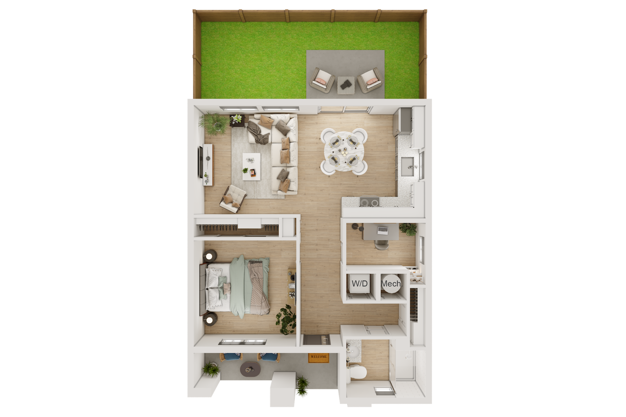 Floor plan for 1 bed, 1 bath, 695 sqft