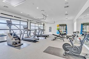 Denton apartment for rent - a gym with treadmills and weights in a room with windows