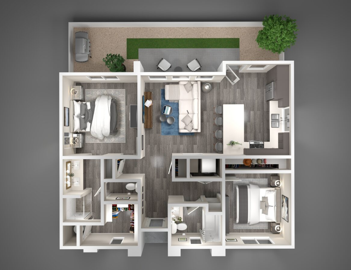 Floor plan for 2 beds, 2 baths, 997 sqft