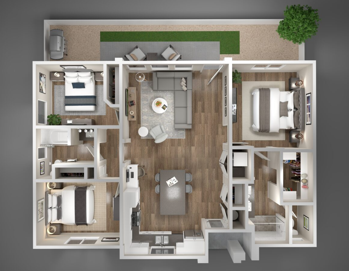Floor plan for 3 beds, 2 baths, 1315 sqft
