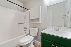 Jacksonville house for rent - a white bathroom with a green cabinet and a white toilet